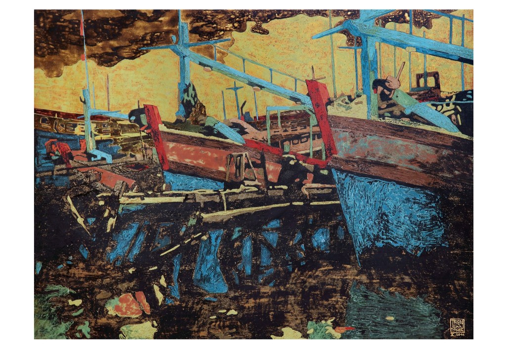 BẾN THUYỀN NGÀY MƯA | Sơn mài | 81 x 107 cm | 2014
