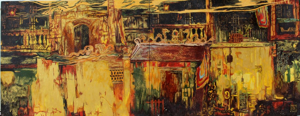 CHÙA XƯA TRONG PHỐ CŨ | Sơn mài | 70 x 180 cm | 2019