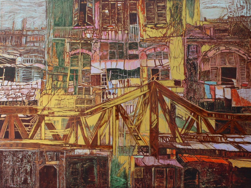 PHỐ CÓ CẦU LONG BIÊN | Sơn mài | 90 x 120 cm | 2019